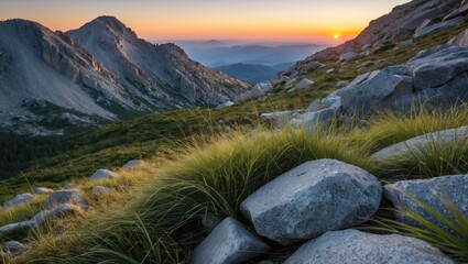 Poster - Mountain Landscape at Sunset with Grass and Boulders in the Foreground and Clear Sky for Text Placement