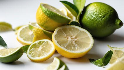 Canvas Print - Fresh Cut Lemon and Lime Slices with Green Leaves on White Background in Closeup View