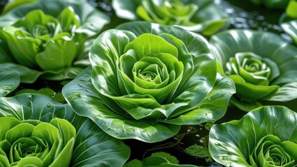 Aufkleber - Close-up top view of vibrant green Water Lettuce plants in natural daylight setting perfect for decorative wallpaper or nature-themed visuals.