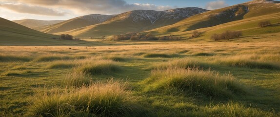 Poster - Majestic grassland landscape with rolling hills and golden sunlight during sunset creating a serene and tranquil outdoor scenery.