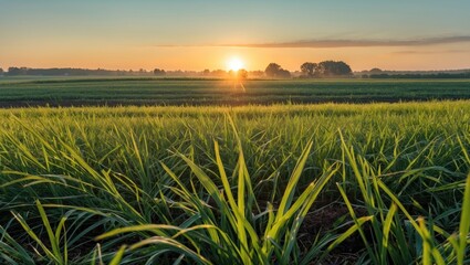 Aufkleber - Vibrant Green Grass Field at Sunrise with Soft Light in Agricultural Landscape Featuring Expansive Copy Space for Text and Design