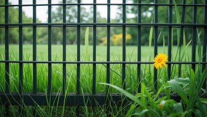 Aufkleber - Lush green grass and a vibrant yellow flower seen through a black trellis fence with ample space for text or captions.