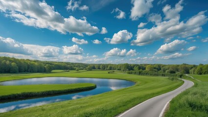 Aufkleber - Lush Green Landscape Featuring Scenic Road and Tranquil Pond Beneath a Vibrant Blue Sky with Fluffy White Clouds and Space for Text