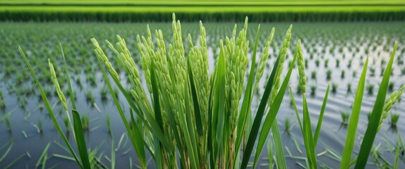 Aufkleber - Green Rice Ears in Lush Paddy Field with Water Reflection and Blank Space for Text on a Sunny Day in Rural Landscape