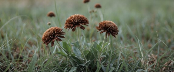 Fototapete - Brown Flowers in a Lush Green Field with Ample Space for Text Overlay and Natural Aesthetic for Background Use