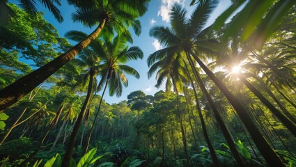 Poster - Serene Low Angle View of Lush Tropical Forest with Sunlight Filtering Through Trees Creating a Vibrant Canopy Under Clear Blue Sky