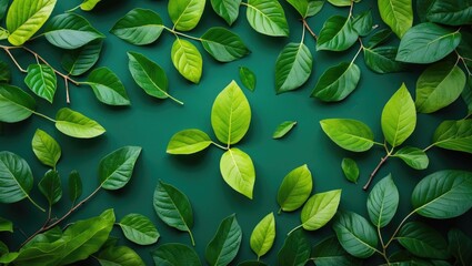Poster - Lush green leaves arranged on a vibrant backdrop symbolizing nature, growth, and the refreshing essence of springtime.