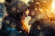 © YouraPechkin - Couple enjoying a cozy moment amidst falling snow at sunset in a winter wonderland