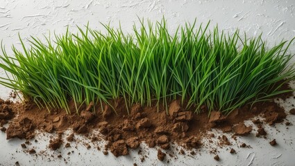 Fototapete - Fresh Green Grass and Dark Brown Soil Isolated on White Background with Room for Text and Design Elements. Ideal for Nature and Gardening Themes.