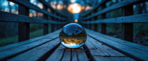Leinwandbilder - Glass Sphere on Wooden Pathway Reflecting Nature at Dusk in Tranquil Setting