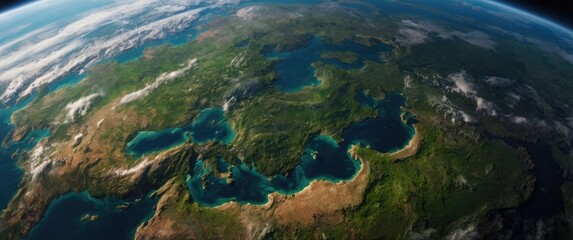 Aufkleber - Vibrant Aerial View of Earth with Expansive Greenery and Clear Water Bodies Featuring Empty Space for Text Overlay
