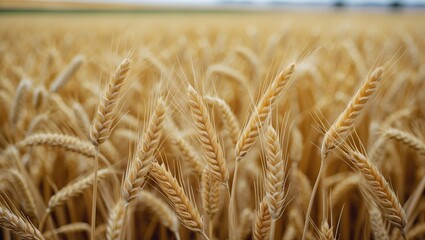 Aufkleber - Golden Wheat Field Close-Up Under Clear Sky Capturing Nature's Bounty in Summer Harvest Season Agriculture and Rural Landscape