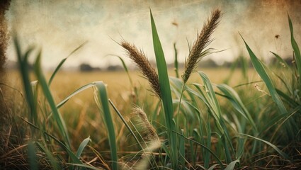 Fototapete - Vintage Grass Field with Soft Focus and Textured Background Ideal for Nature and Landscape Themes