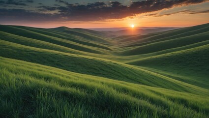 Aufkleber - Serene Sunset Over Rolling Green Hills with Lush Grass and Clear Space for Text Overlay