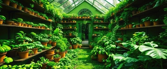 Aufkleber - Lush Greenhouse Interior Filled with Vibrant Plants in Terracotta Pots Surrounded by Lush Foliage and Natural Light