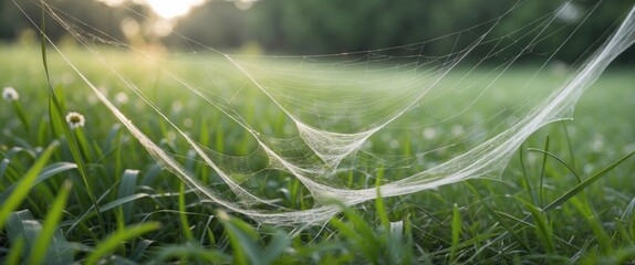 Wall Mural - Delicate Cobwebs Glimmering in Sunlight Over Fresh Green Grass in a Serene Summer Landscape