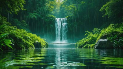 Poster - Lush Green Forest with Cascading Waterfall in Rainy Season Featuring Tranquil Reflections and Empty Space for Text Overlay