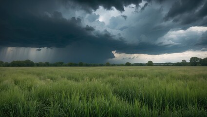 Wall Mural - Stormy Skies Over Lush Green Meadow with Dramatic Dark Clouds and Rain Showers in the Distance