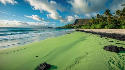 Poster - Green Sand Beach on Big Island Hawaii showcasing unique green sand, vibrant waves, and lush coastal vegetation against a stunning sky.
