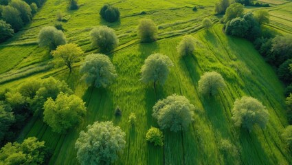 Aufkleber - Aerial view of lush green meadow with trees in vibrant landscape under natural sunlight showcasing verdant tranquility and rural serenity.