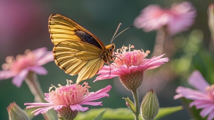 Wall Mural - Golden Birdwing Butterfly Feeding on Pink Flowers with Soft Focus Background and Space for Text