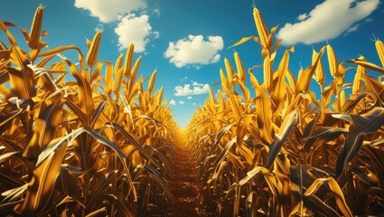 Aufkleber - Golden corn field under a clear blue sky showcasing lush yellow crops and vibrant clouds creating a serene agricultural landscape.