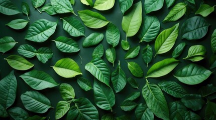 Poster - Diverse collection of green leaves arranged on a dark surface perfect for natural backgrounds and design projects featuring nature themes