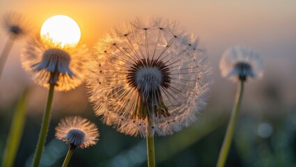Wall Mural - Dandelion Silhouettes in Front of a Vibrant Sunset with Soft Focus Background