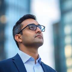 Canvas Print - Man in Suit Looking Up at Buildings