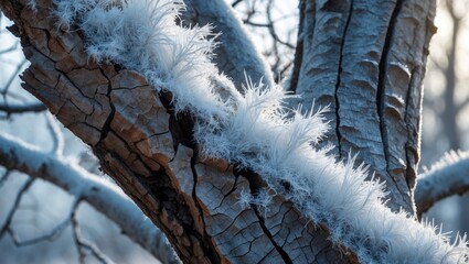 Wall Mural - Cracked tree trunk adorned with delicate hoarfrost showcasing winter beauty and natural textures in a serene outdoor setting.