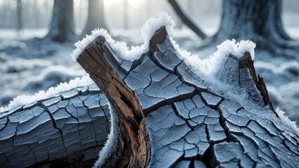 Wall Mural - frozen tree trunk with intricate cracks and delicate hoarfrost in an enchanting winter forest landscape at dawn