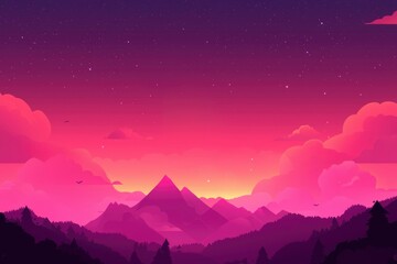 Wall Mural - Sunset paints mountains, cloudscape in pink, purple gradient backdrop for inspiration