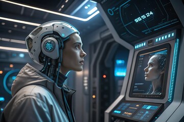 Person with futuristic headset analyzing digital data in high-tech environment.