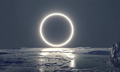 Wall Mural - an abstract glowing frame with neon rings, a mystical energy portal with a bottom hole, a solar ecli