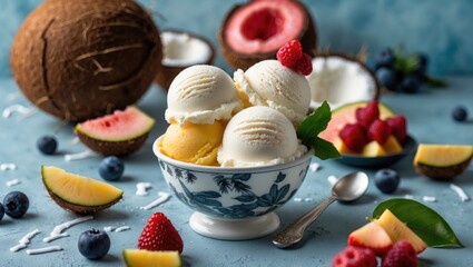 Wall Mural - Coconut Ice Cream Served With Fresh Fruits In Decorative Bowl With Empty Space For Your Text Or Branding