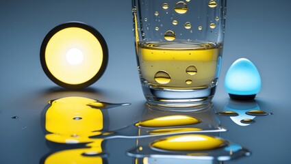 Wall Mural - vibrant yellow and blue light reflections over a glass of water with droplets creating an artistic a