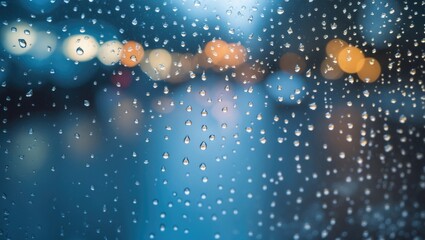 Wall Mural - raindrops on blue glass with bokeh street lights creating a moody atmosphere and blurred background 