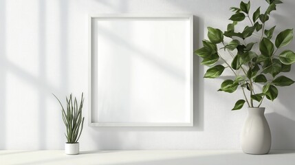 Wall Mural - White wall mockup, plants, sunlight, interior design, home decor