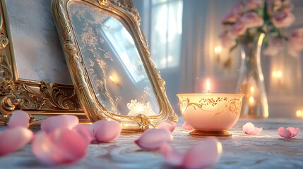 Wall Mural - A mirror is on a bed with candles and pink petals