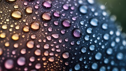 Wall Mural - Close-up of vibrant dew drops reflecting colorful light on a dark surface showcasing nature's beauty and intricate details.