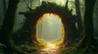 © NASSRI - Spectacular fantasy scene with a portal archway covered in creepers. In the fantasy world, ancient magical stone gate show another dimension. Digital art 3D illustration, window entrance in forest