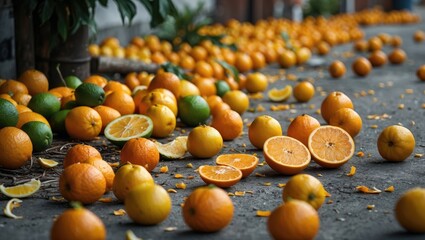 Wall Mural - Citrus Fruits Littering a Paved Surface with Sunshine Reflections and Fresh Cut Segments Amidst a Vibrant Autumn Scene