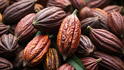 Wall Mural - Vibrant Close-Up of Various Cocoa Pods Showcasing Natural Textures and Colors in a Bountiful Harvest Setting