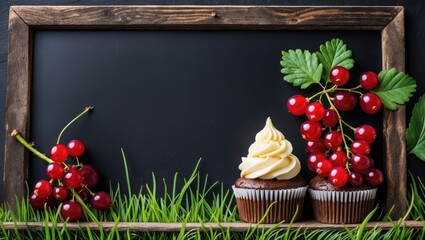 Canvas Print - Chocolate cupcake topped with cream beside red currants on a blackboard background with green grass and space for text.