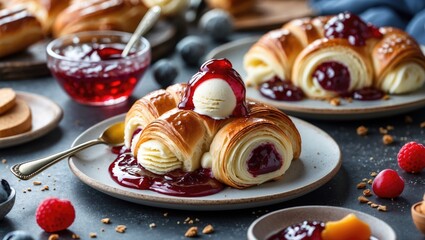 Canvas Print - Delicious Croissant Dessert Topped With Ice Cream And Jam Surrounded By Fresh Berries And Copy Space For Text