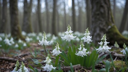 Wall Mural - springtime blossoms of corydalis in a serene forest setting with soft natural light