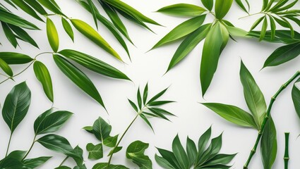 Wall Mural - Variety of vibrant green leaves on a white background including bamboo, noni, and guava leaves showcasing natural beauty and diversity.