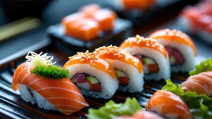 Wall Mural - Colorful sushi rolls elegantly plated on a wooden board showcasing fresh ingredients and garnishes for a gourmet dining experience.