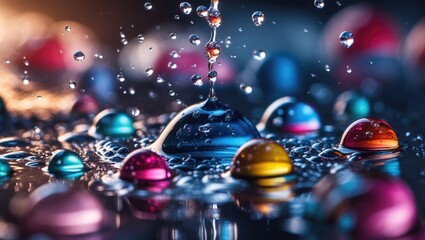 Wall Mural - Vibrant Water Drops with Colorful Reflections and Ripple Effects on a Surface