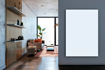 Wall Mural - Modern living room interior with blank vertical canvas on dark wall. 3D Rendering